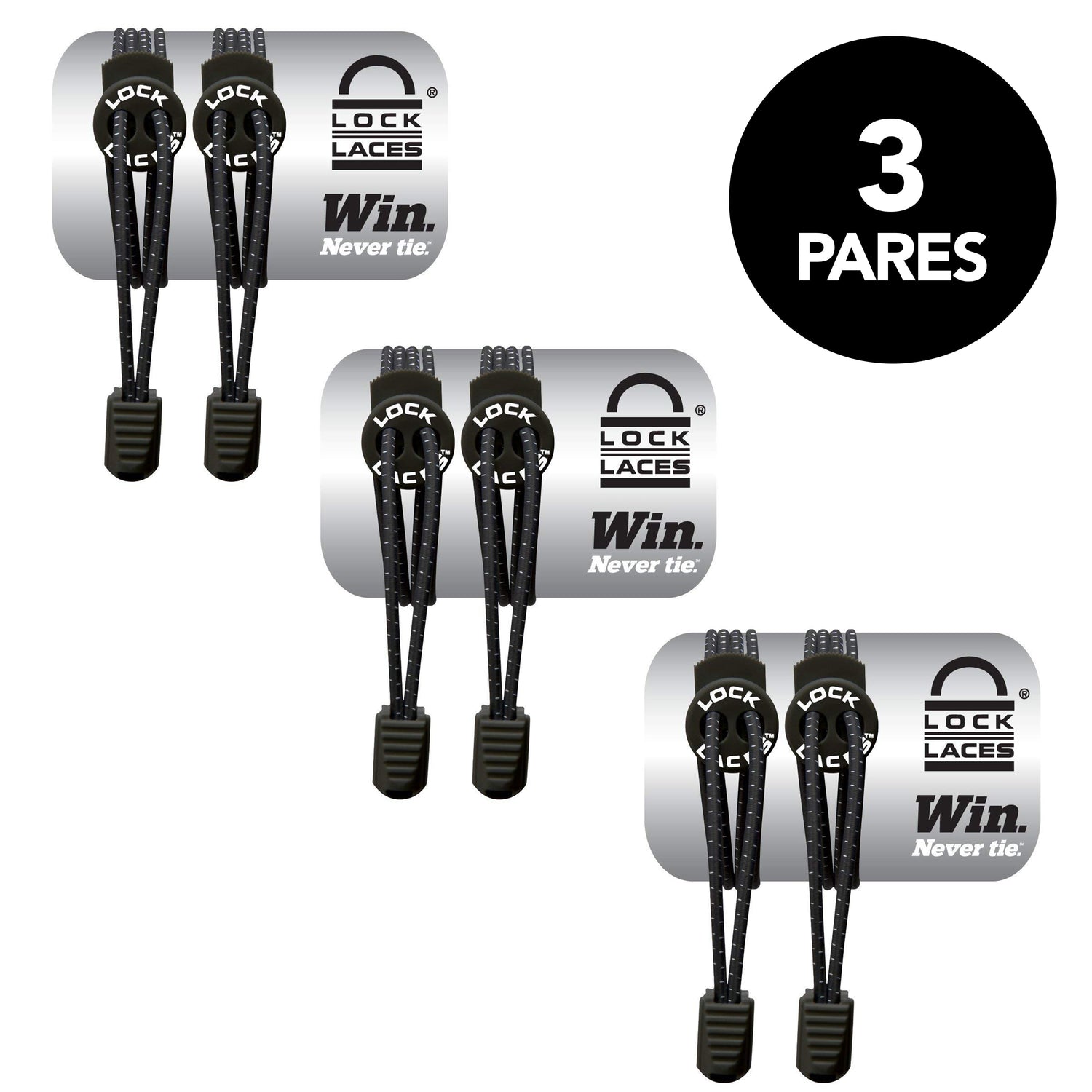 Lock Laces - 3 Pack - Negro