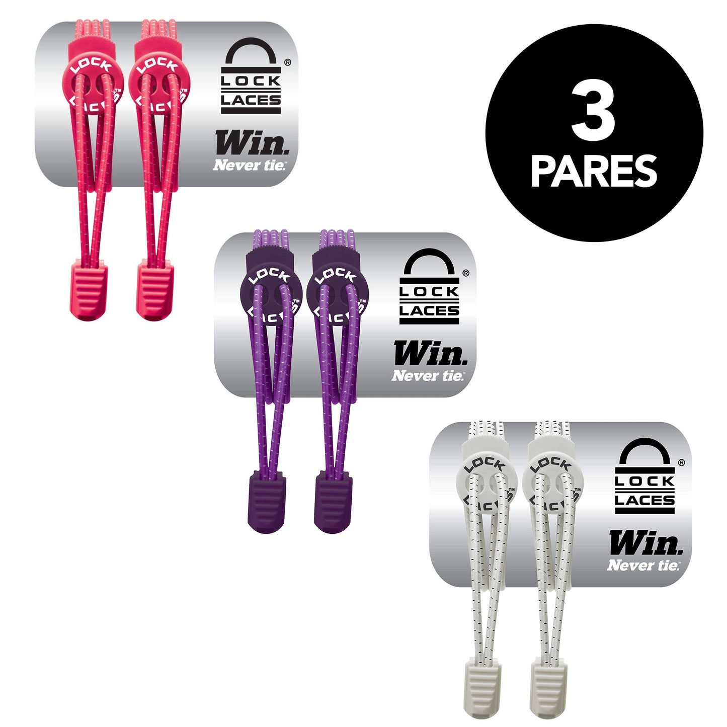 Lock Laces - 3 Pack - Rosa, Morado y Blanco